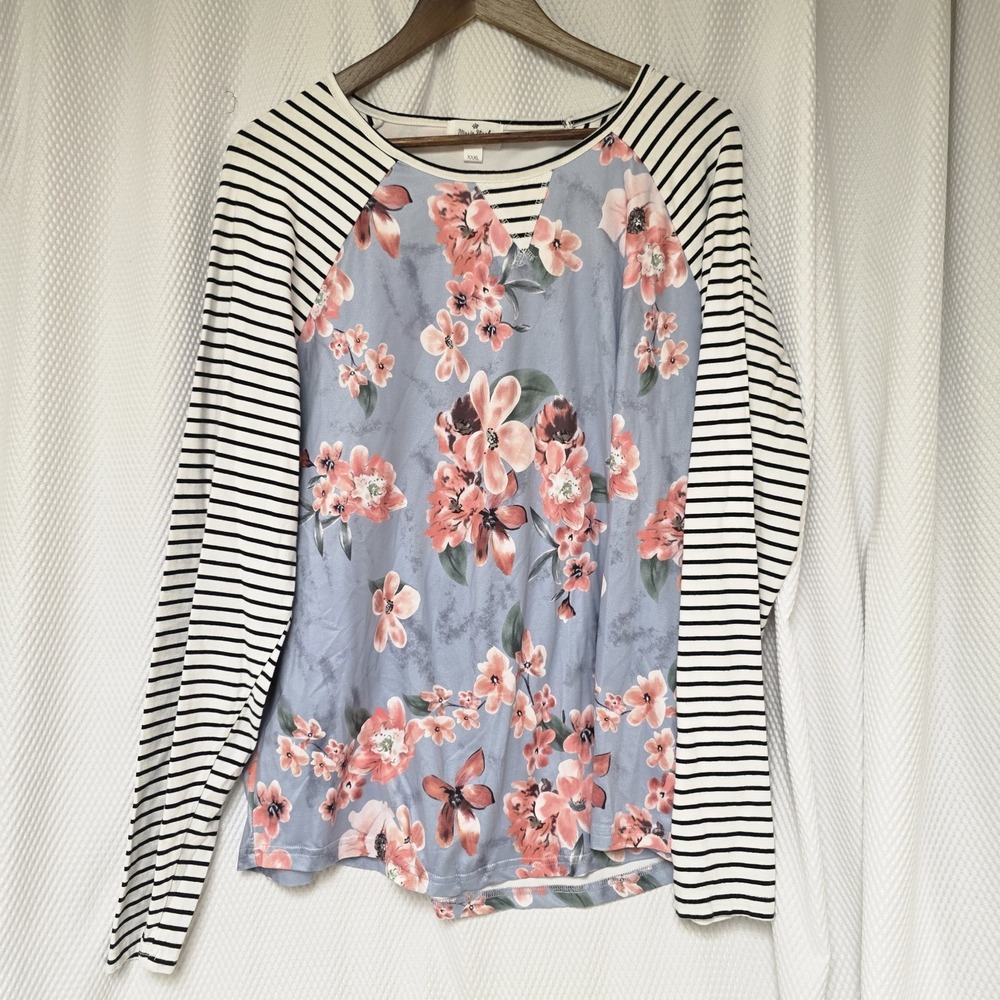 Marie Nicole Womens Raglan Sleeve Top 3XL XXXL  Floral Striped Blue Elbow Patc